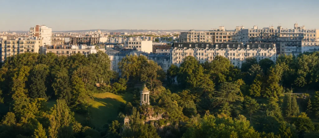 Vue en hauteur sur le parc des Buttes-Chaumont, son temple de la Sibylle et les immeubles environnants du 19e arrondissement de Paris, secteur couvert par l'agence immobilière Warren & Associés.