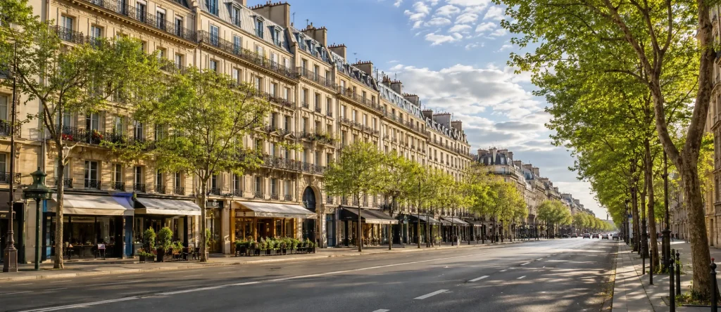 Perspective d'une grande avenue parisienne bordée d'arbres et d'immeubles haussmanniens, quartier du Jardin du Luxembourg, secteur couvert par l'agence immobilière Warren & Associés.