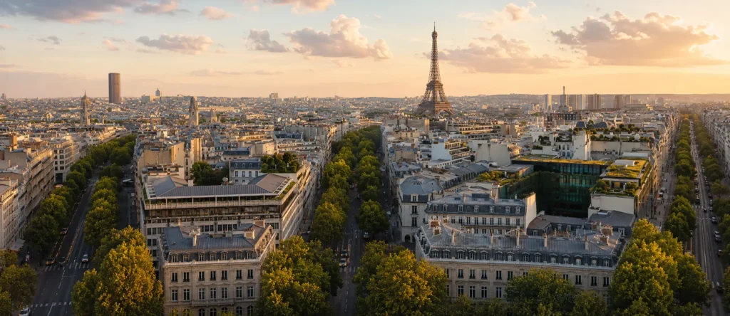 Vue panoramique aérienne sur les immeubles haussmanniens du 16e arrondissement de Paris et la Tour Eiffel au coucher du soleil, secteur couvert par l'agence immobilière Warren & Associés Passy.