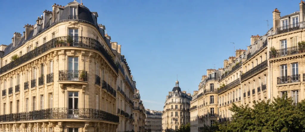 Immeubles haussmanniens d'angle en pierre de taille sous un ciel bleu dans le 8e arrondissement de Paris, secteur couvert par l'agence immobilière Warren & Associés Rome.