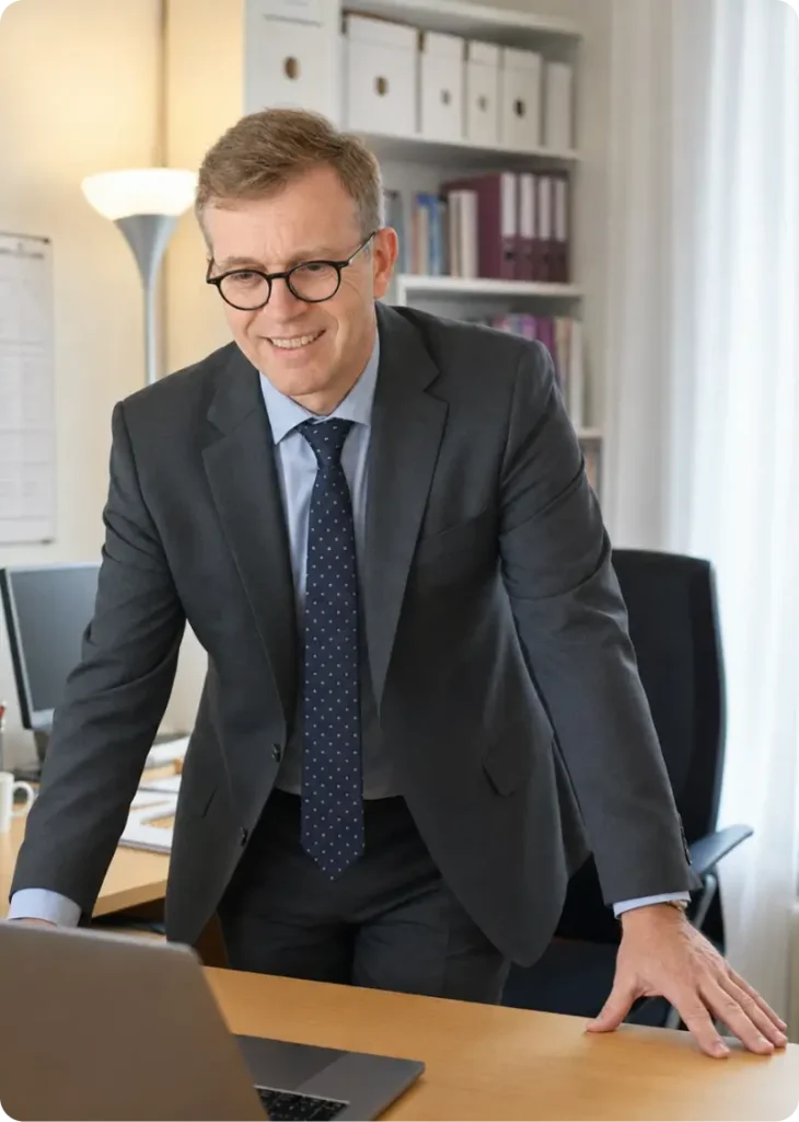 Aubry de Warren, dirigeant de l'administrateur de biens Warren & Associés, sourit en s'appuyant sur son bureau face à son ordinateur portable.