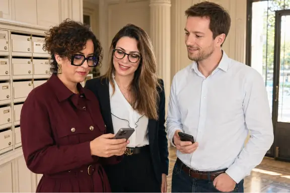Trois collaborateurs de Warren & Associés consultent un smartphone dans le hall d'un immeuble de copropriété, à côté de boîtes aux lettres.