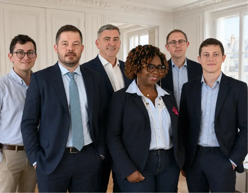 Portrait de groupe des six collaborateurs de l'équipe Warren & Associés Buttes-Chaumont en tenue professionnelle dans un bureau parisien aux murs blancs moulurés.