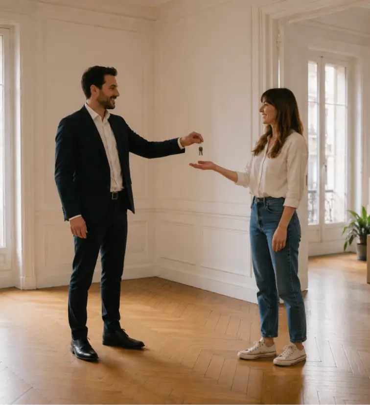 Une locataire restitue les clés de l'appartement vide à un conseiller du cabinet Warren & Associés lors de l'état des lieux de fin de location.
