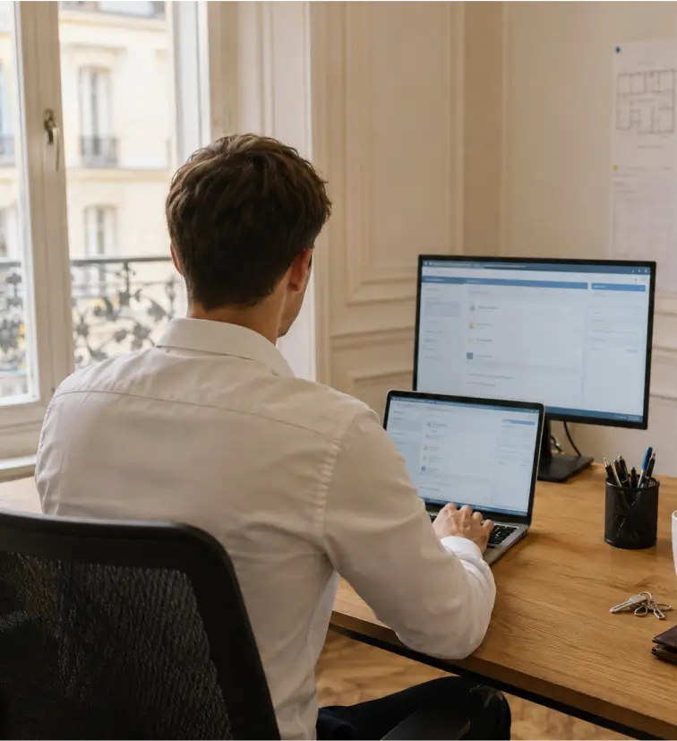 Un gestionnaire locatif du cabinet Warren & Associés travaille de dos à son bureau, sur un ordinateur portable et un grand écran, pour assurer le suivi quotidien d'un bien loué.