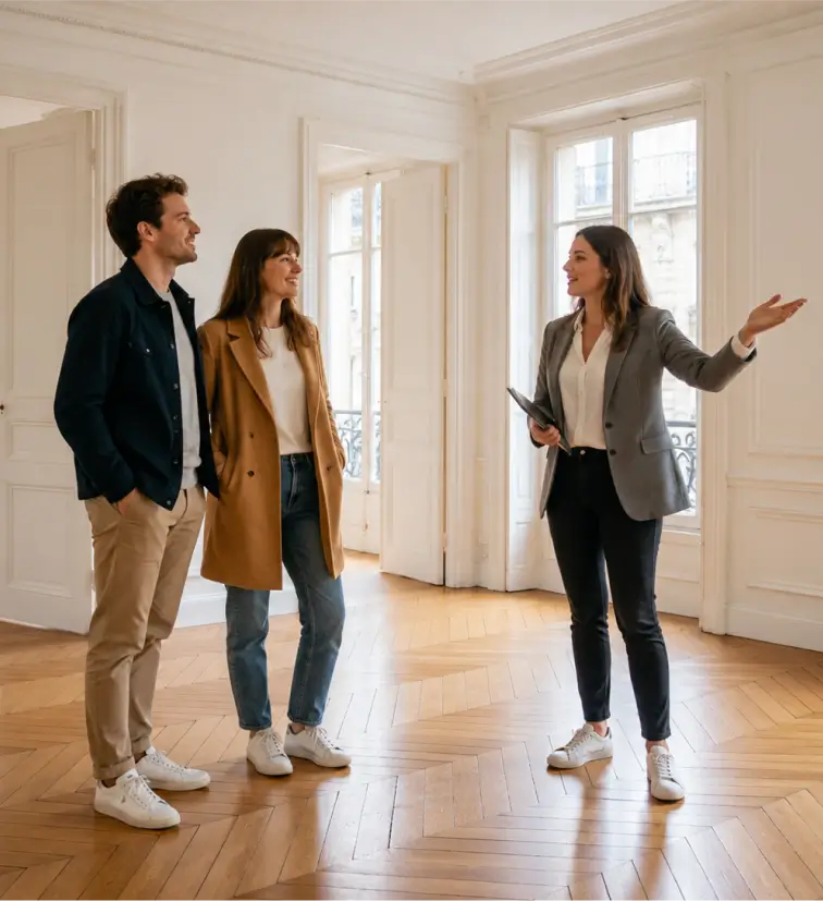 Une conseillère du cabinet Warren & Associés fait visiter un appartement parisien vide avec du parquet en point de Hongrie à un couple de futurs locataires.