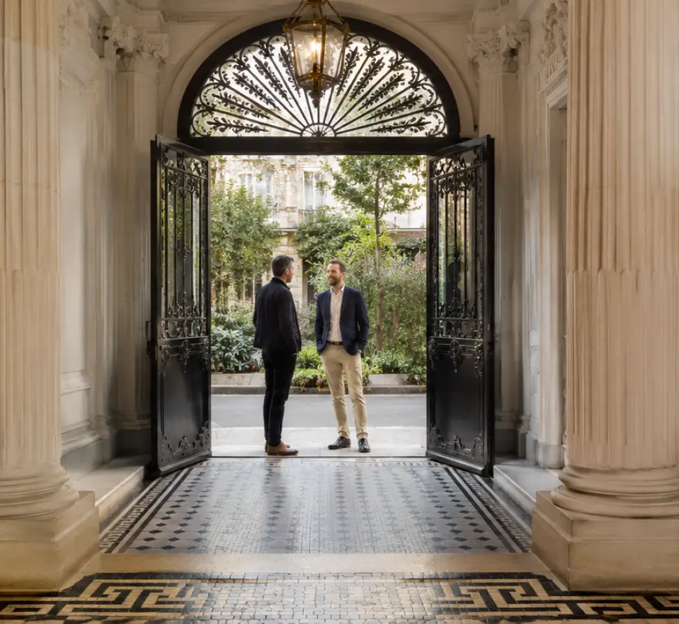 Deux hommes, dont un gestionnaire de syndic, discutent dans le hall d'entrée d'un immeuble en copropriété à Paris, devant une grande porte cochère en fer forgé.