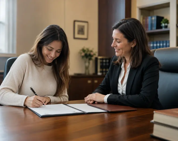 Une cliente signe un compromis ou un acte de vente immobilière, accompagnée avec bienveillance par une consultante du cabinet Warren & Associés dans un bureau boisé.